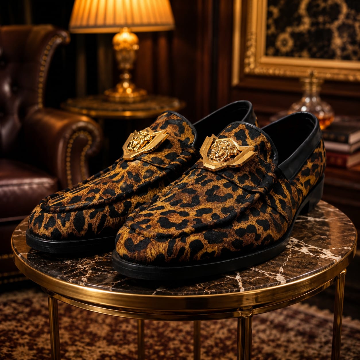 Black and gold leopard-print King Duke Skin loafers